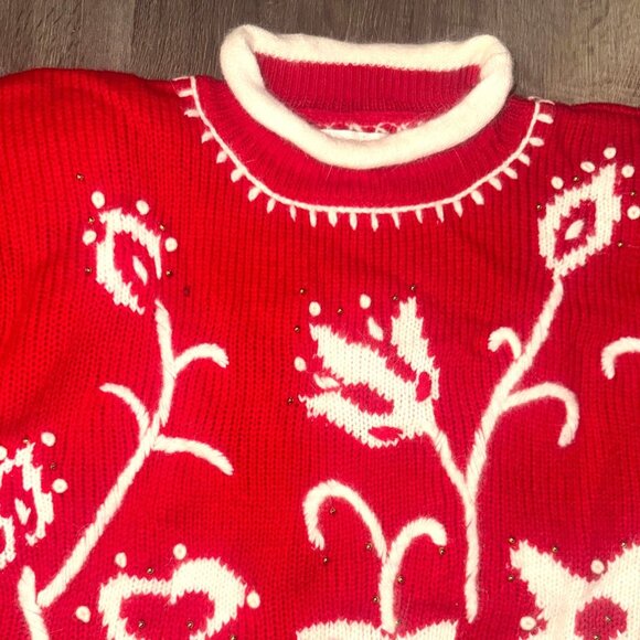 Vintage Dana Scott Red & White Floral Knit Sweater L 87% Acrylic 6% Wool - Picture 2 of 8